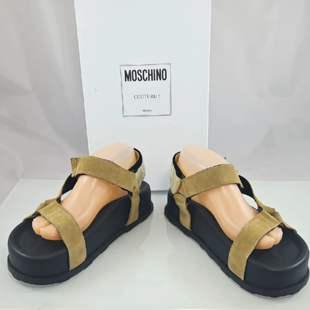 $445 Moschino Sporty Logo-Detailed Suede Platform Sandals Size 11
